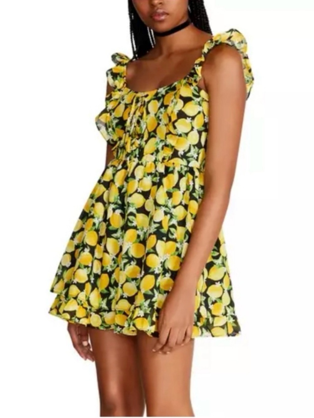 Betsey Johnson NWT Layla Lemon Mini Dress Sweetheart Lace-Up Ruffle Cotton - Picture 3 of 7
